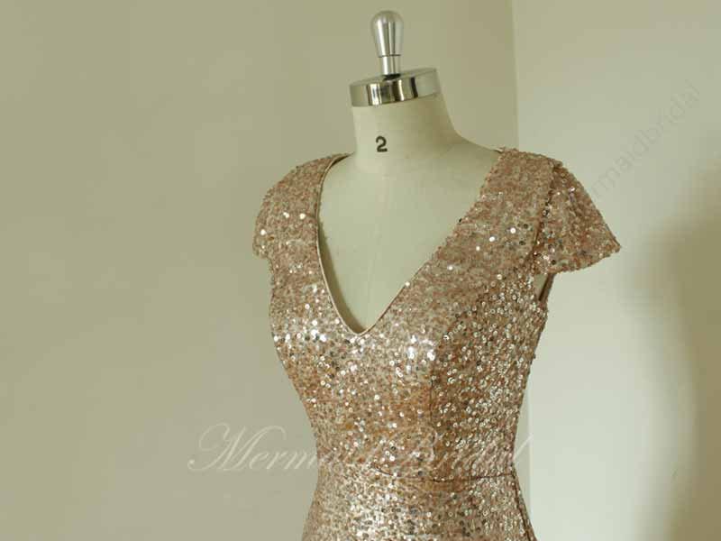 زفاف - Champange Sequined Aline Prom dress, Prom gowns, Evening dresses With cap sleeves