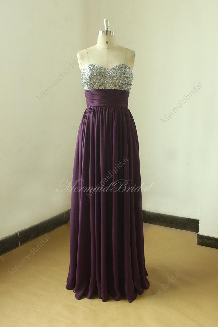 Wedding - Simple strapless eggplant bridesmaid dress, prom gown,homecoming dress with sequined top