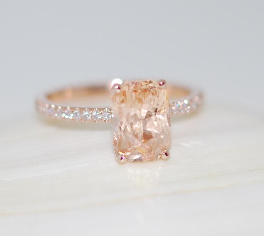 Hochzeit - Rose gold engagement ring Peach sapphire diamond ring 14k rose gold cushion sapphire no halo ring