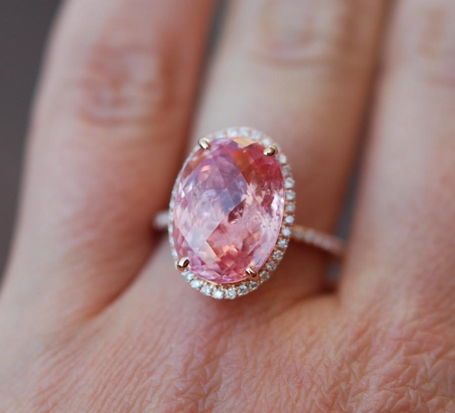 Wedding - GIA - Padparadscha Sapphire Ring 14k Rose Gold Diamond 10.3ct Oval Peach Sapphire Engagement Ring