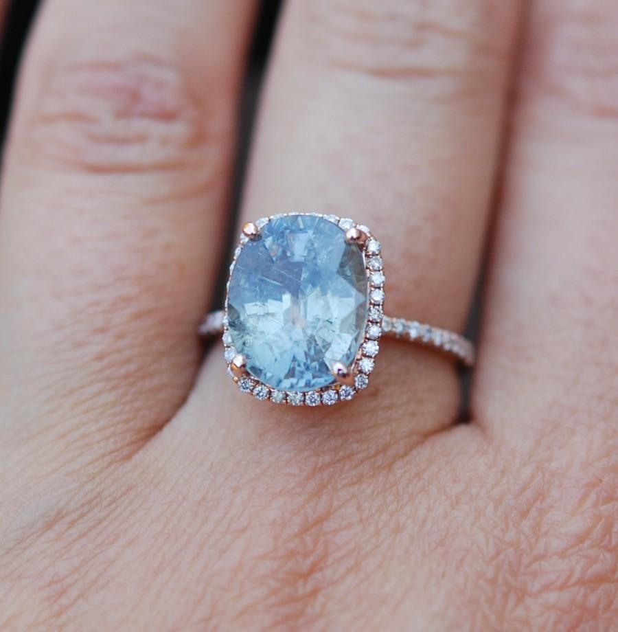 Wedding - Rose Gold Engagement Ring 6.2ct Teal Blue Green Sapphire cushion halo engagement ring 14k rose gold.