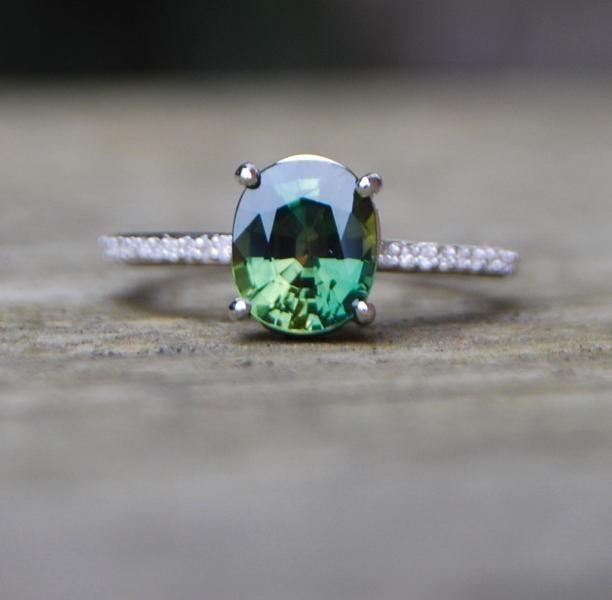 Wedding - Green Sapphire Diamond Ring 14k white gold