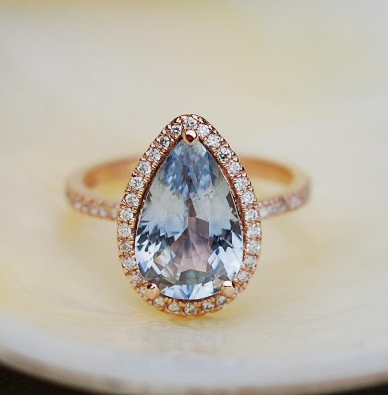 زفاف - Blue Sapphire Engagement Ring 14k Rose Gold 3.84ct, Pear Cut sky blue Sapphire Ring. Engagement ring by Eidelprecious