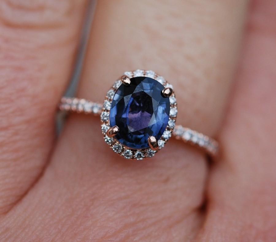 Mariage - Rose gold sapphire ring. 1.47ct Indigo blue sapphire diamond ring 14k rose gold oval engagement ring
