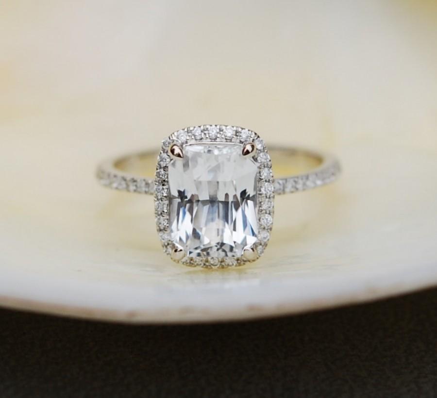 زفاف - Sapphire Engagement Ring 14k White Gold with 3.05ct White Emerald Sapphire Ring