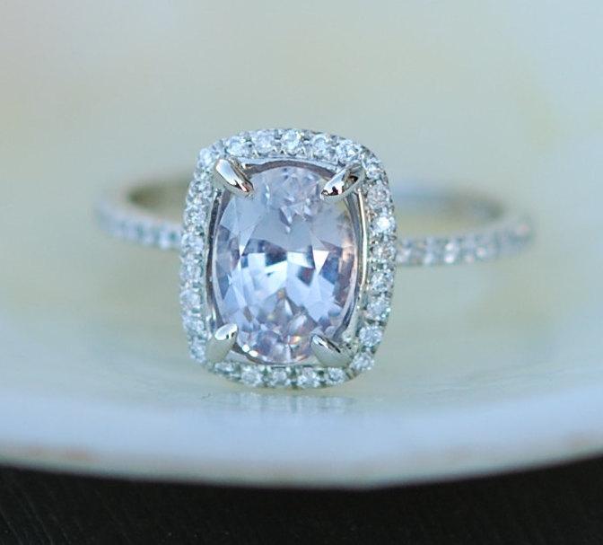 Mariage - Light lavender sapphire ring diamond ring 14k white gold engagement ring 2.04 cushion sapphire