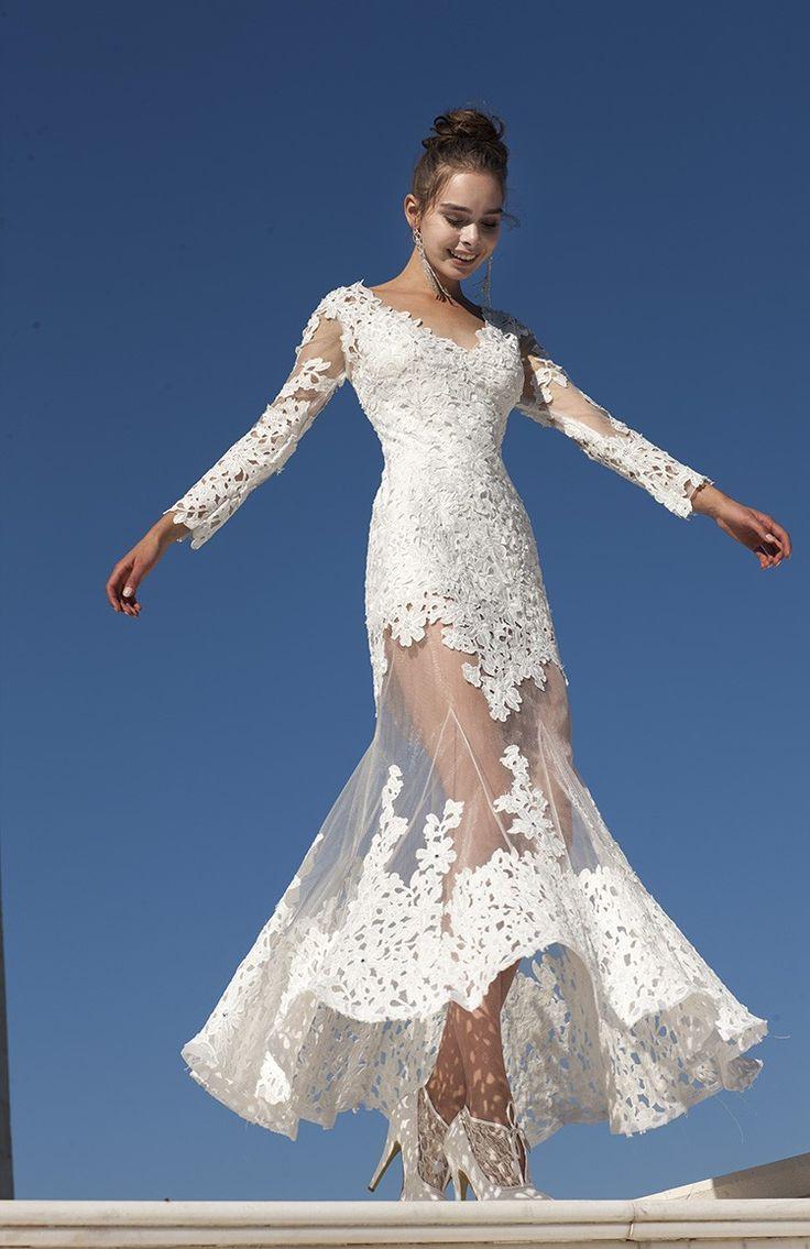 Mariage - Mermaid V-neck Long Sleeve Lace Tulle Long Elegant Wedding Gown