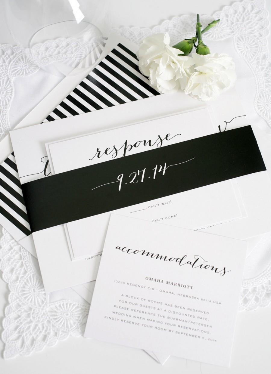 Свадьба - Elegant Wedding Invitation - Black, White, Striped - Unique, Stylish, Calligraphy Wedding Invite - Flowing Script Wedding Invitation