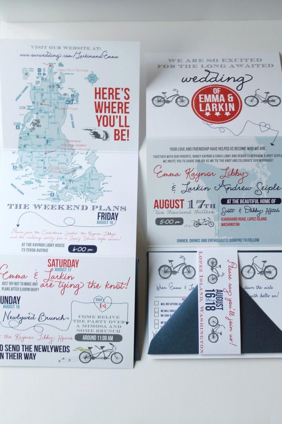 Свадьба - Z-fold wedding invitation with casual bike wedding weekend itinerary, unique invite with bellyband typography map design - DEPOSIT LISTING