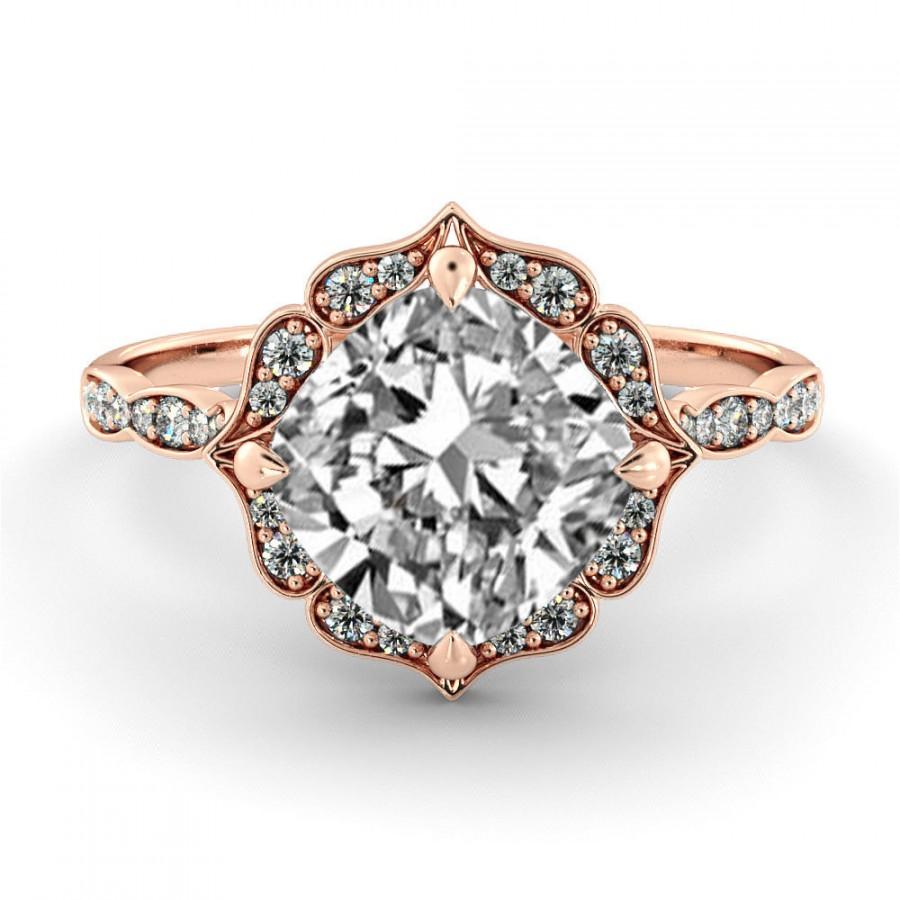 زفاف - 1.00 CT Natural Vintage VS GIA Certified Diamond Halo Flower Engagement Ring 14k Rose Gold Large Natural Diamond Ring