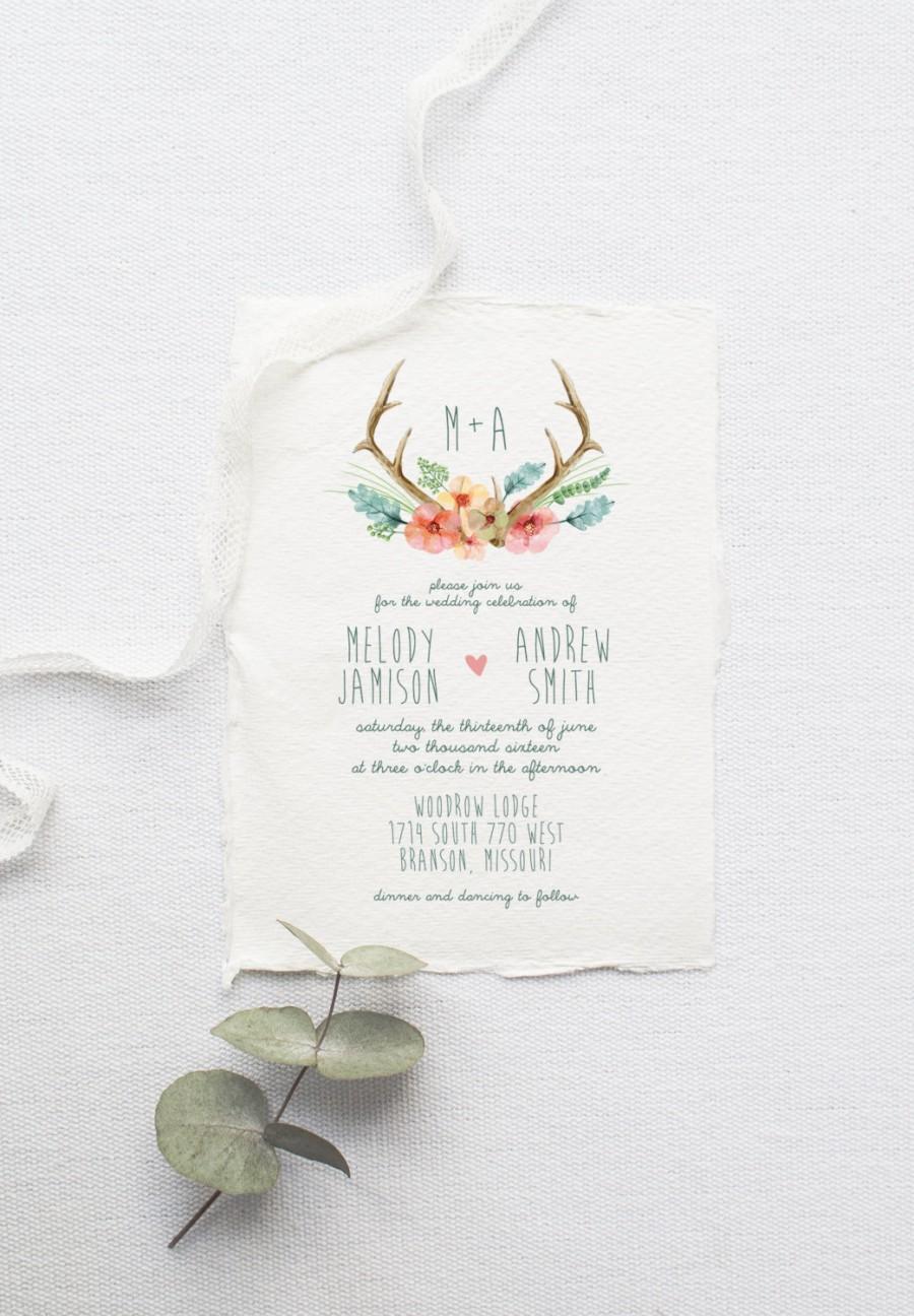 Wedding - Bohemian Wedding Invitation Suite DEPOSIT - DIY, Rustic, Watercolor Antlers, Forest, Handwritten, Floral, Boho Chic (Wedding Design #48)