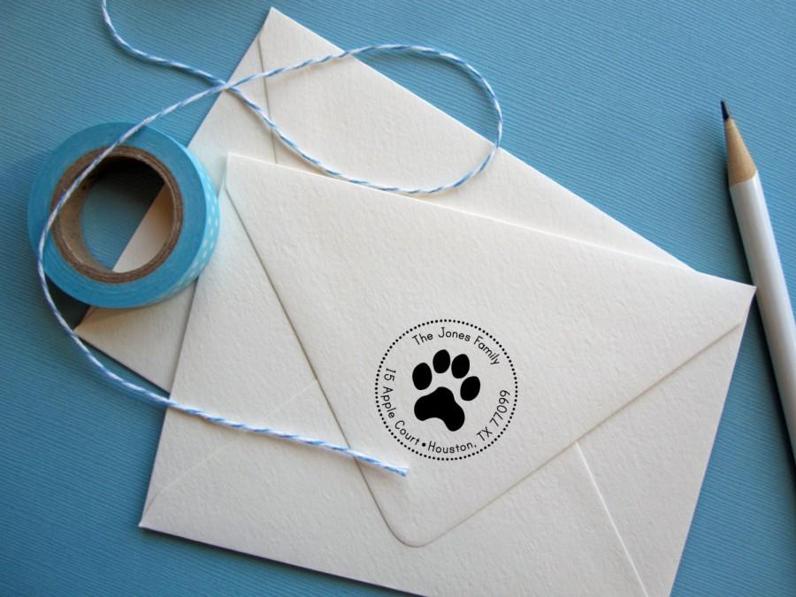 Wedding - Return Address Stamp with paw print, circle address stamp with dog paw, self Inking black, rubber stamp wood handle
