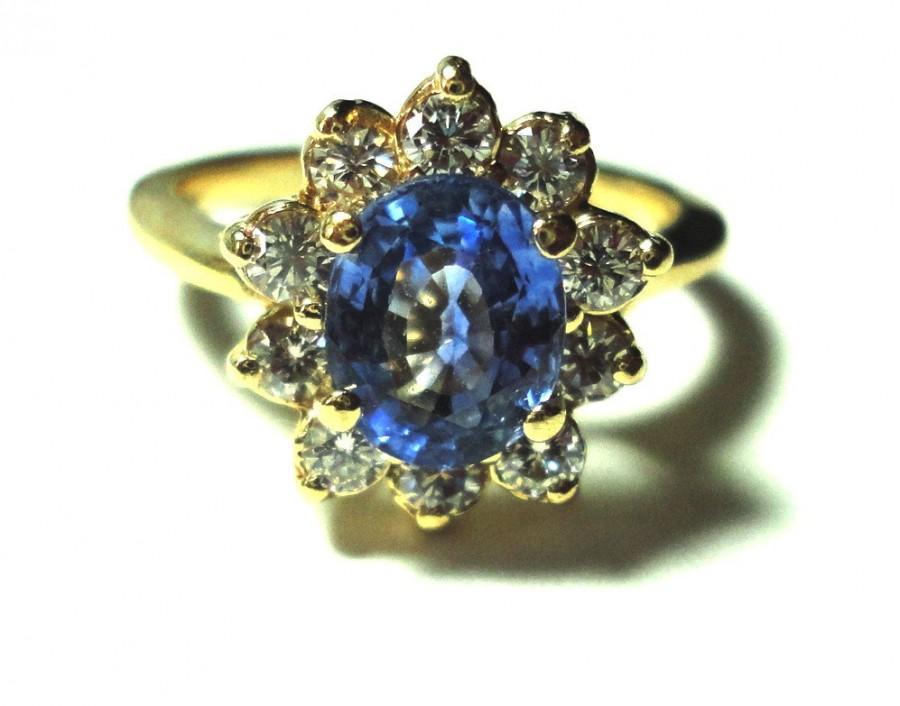 Hochzeit - Sapphire Ring Sapphire Engagement Ring Sapphire Diamond Ring Ceylon Blue Sapphire Diamond Halo Ring Vintage Cocktail Ring in Solid 14K Gold
