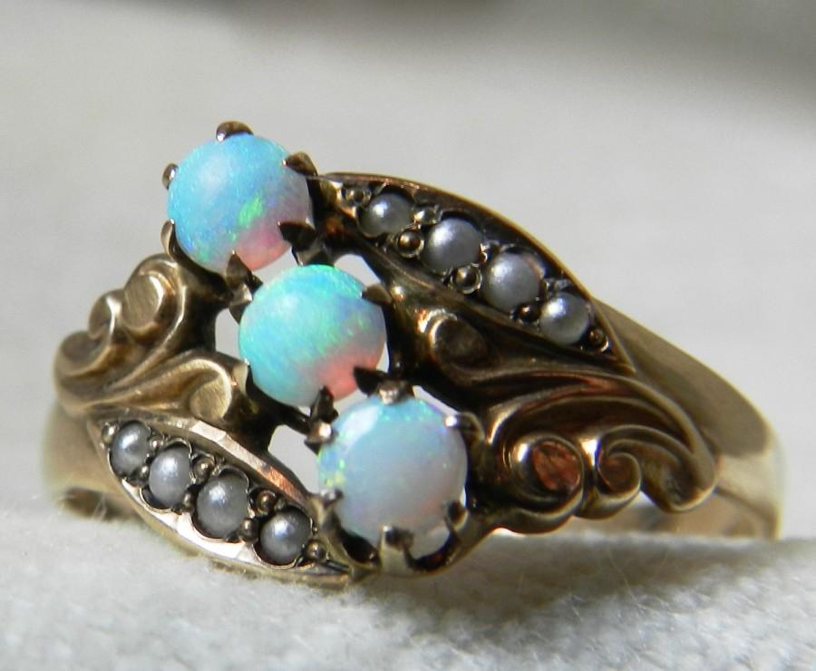 Wedding - Opal Ring Opal Engagement Ring Australian Blue Opal Ring 1800s Antique Opal Ring 14K Victorian Ring Art Nouveau Ring October Birthday