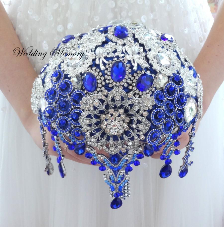 زفاف - BROOCH BOUQUET jeweled with royal blue and silver cascading gems for princess bride