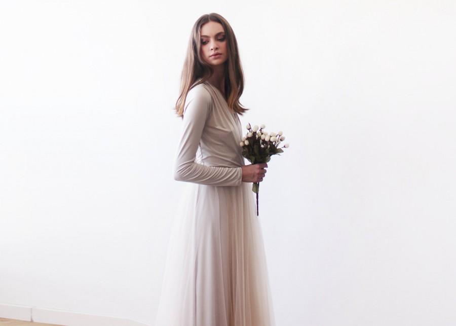 Wedding - Champagne midi tulle dress with long sleeves , Bridesmaids champagne tulle midi dress