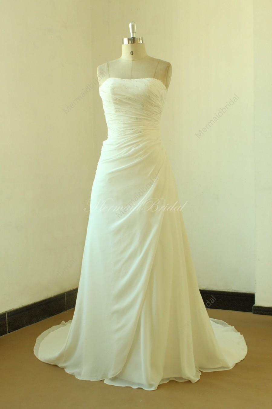 Wedding - Ivory fit and flare chiffon wedding dress with chapel train