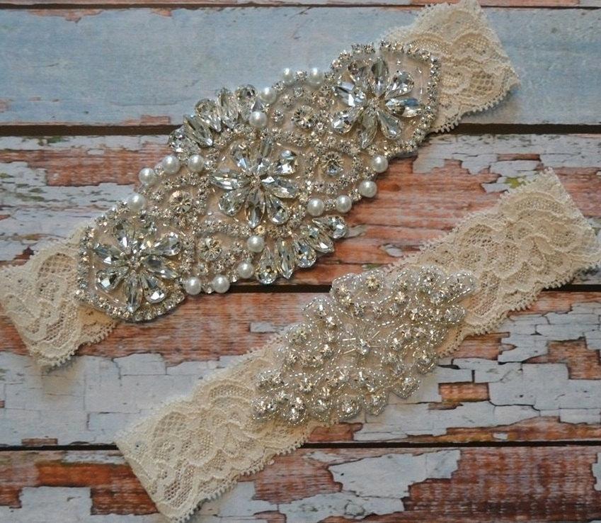 Wedding - Wedding Garter, Wedding Garter Belt, Rhinestone and Pearl Bridal Garter Set, Ivory / White Bridal Garter Set, Vintage Style Garter Set