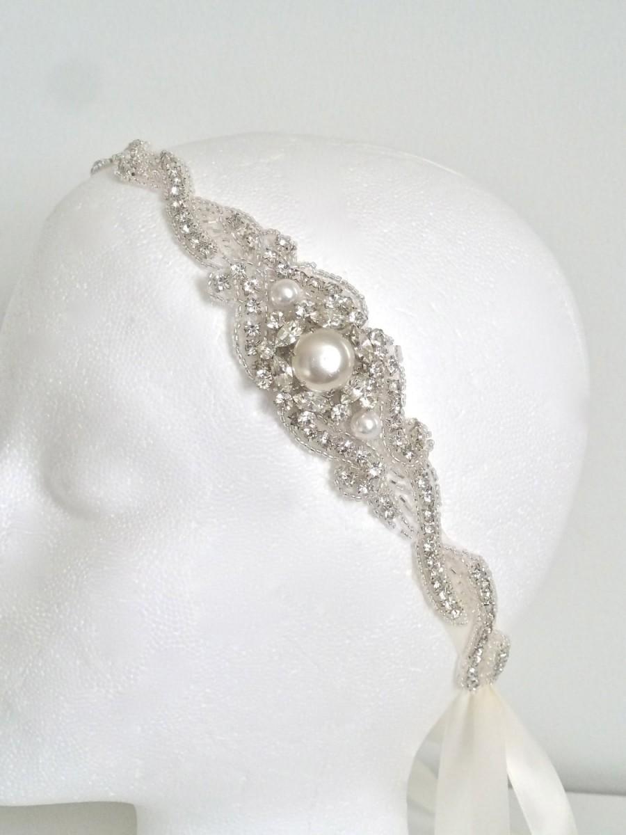 Hochzeit - Bridal crystal pearl headband, bridal beaded pearl headpiece, bridal ribbon headband, wedding headpiece, wedding headband - RACHEL DELUX IV