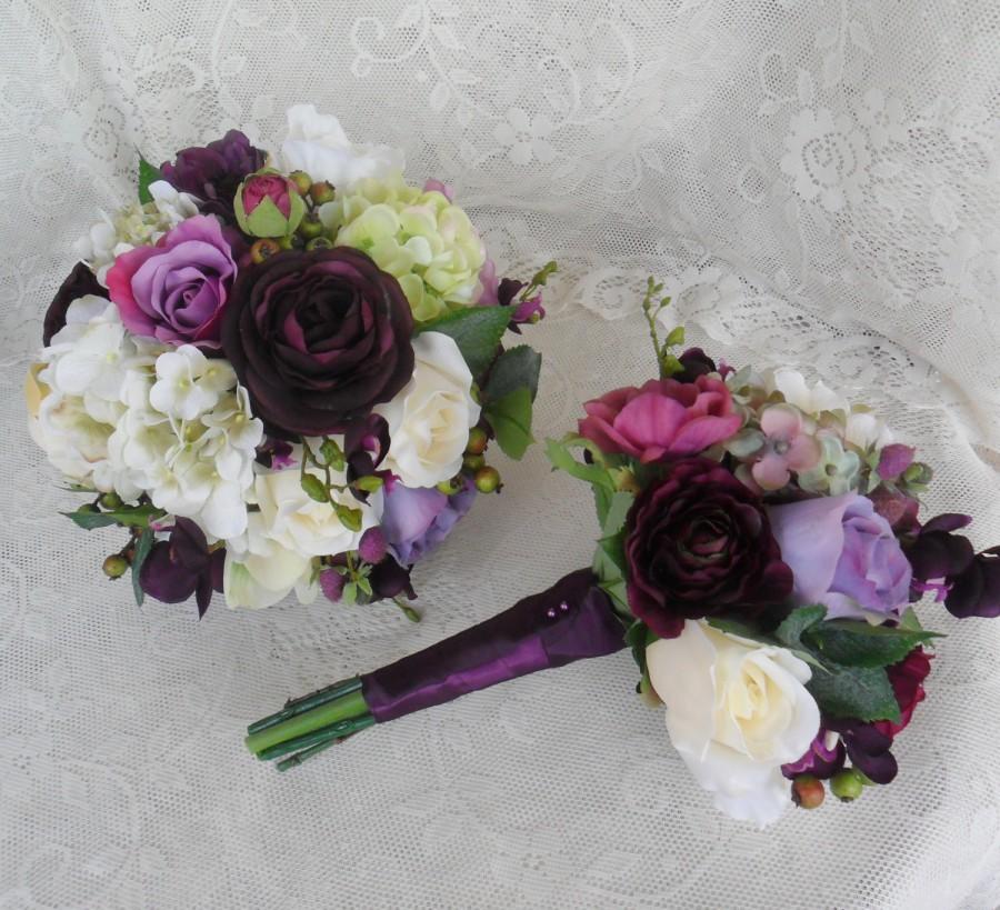زفاف - Wedding Bouquet, Plum Purple Bridal Bouquet, Purple Wedding Flowers, Vintage Wedding, Silk Wedding Flowers, Roses & Hydrangea Bouquet,