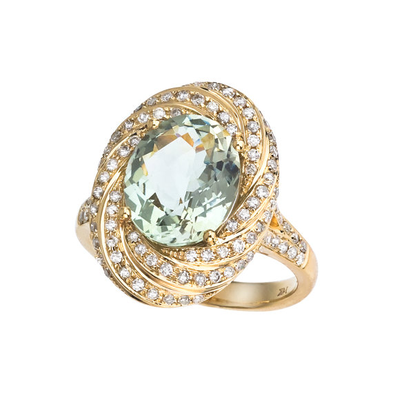 Свадьба - 10x8 Green Amethyst & Diamond Swirl Ring 14k Yellow Gold - Gemstone Rings For Women - Anniversary Gifts for Her