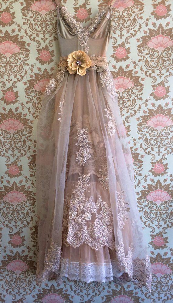 Hochzeit - Heidis Dress Ivory & Tan Asymmetrical Crochet Boho Off Beat Bride Wedding Dress By Mermaid Miss K