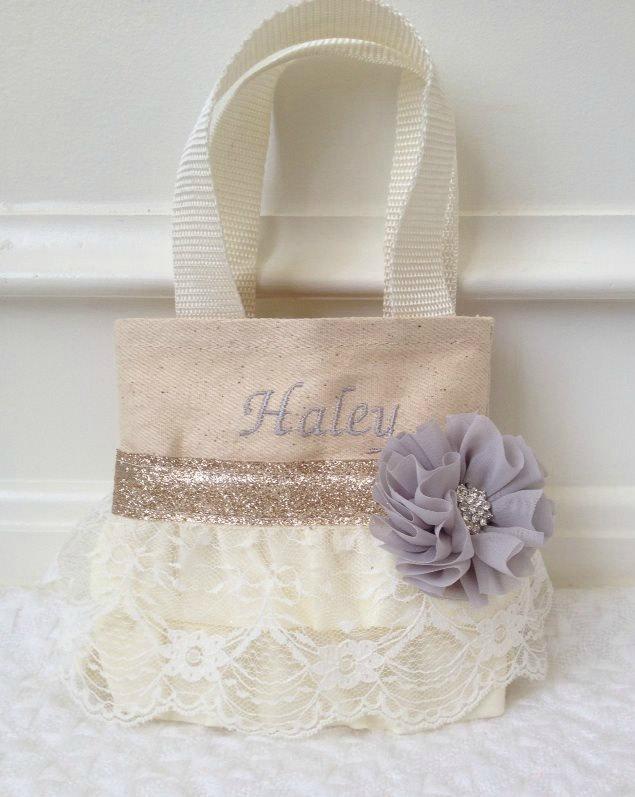 Wedding - Gold, Silver, Ivory Lace Flower Girl Purse, Flower Girl Gift, Birthday Gift, Will You Be My Flower Girl