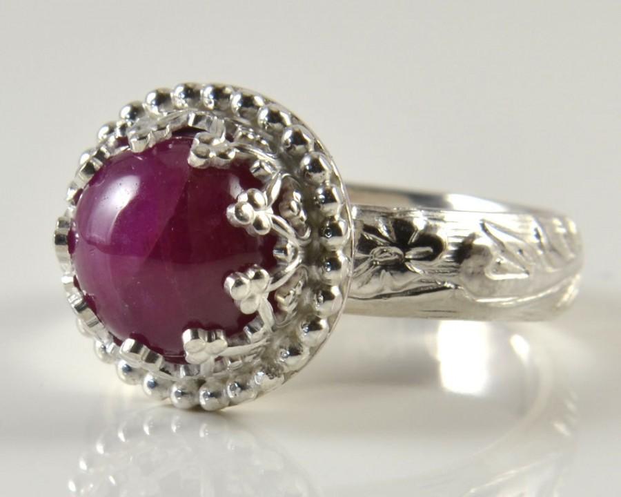 زفاف - Ruby Ring in Sterling Silver, Genuine Smooth Ruby Stone in Crown Heart Setting, Engagement Promise Solitary Statement Ring