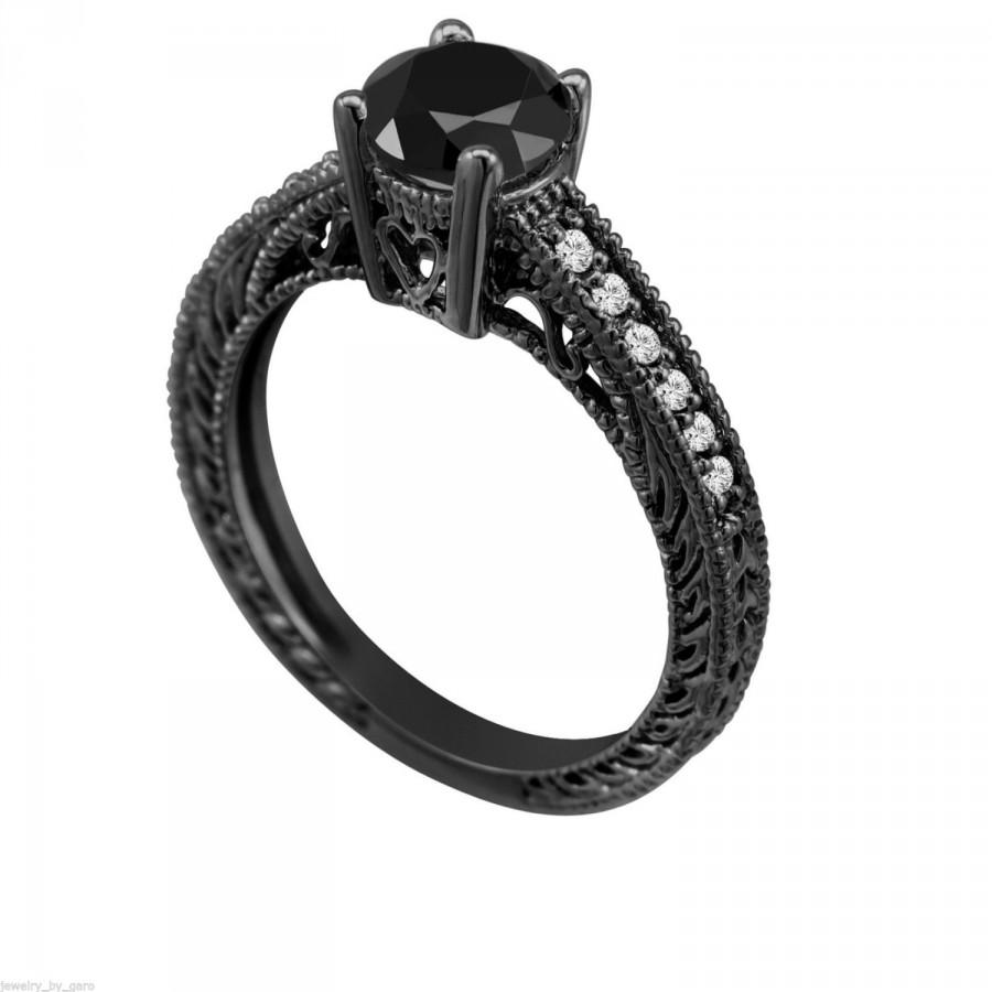 Hochzeit - 14K Black Gold Black Diamond Engagement Ring 1.05 Carat Vintage Style Bridal Certified Pave Handmade