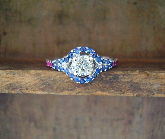 زفاف - The Patriot - Genuine Diamond, Sapphire, & Ruby Halo Style Ring - 925 Sterling Silver Ring - Unique Engagement - Unusual Wedding Ring - OOAK