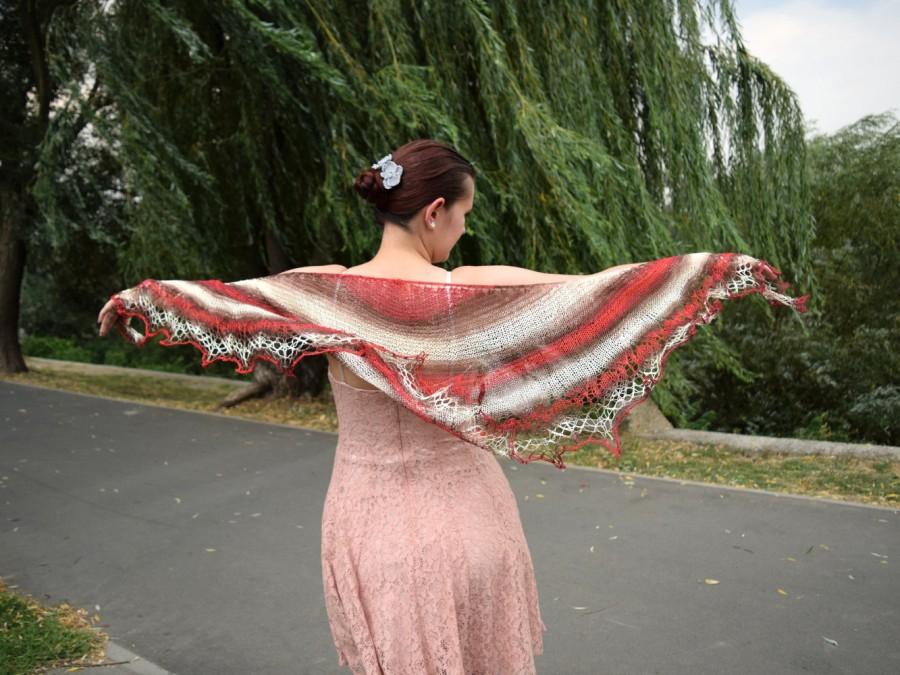 Hochzeit - Striped lace shawl, soft summer scarf, womens scarf in red white and brown, shouldercover, crescent shape