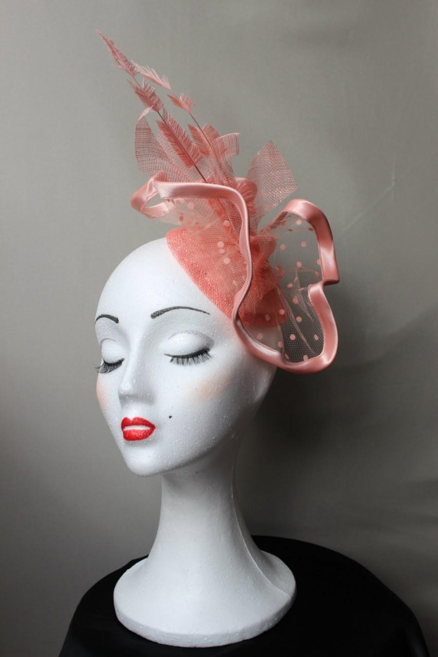 Wedding - Salmon pink fascintor, salmon pink hat, Race hat, Cocktail fascinator hat,spot veil hat, wedding hat,salmon feather fascinator,royal hat