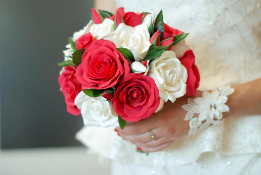 Wedding - Red, Ivory rose bouquet with boutonniere.
