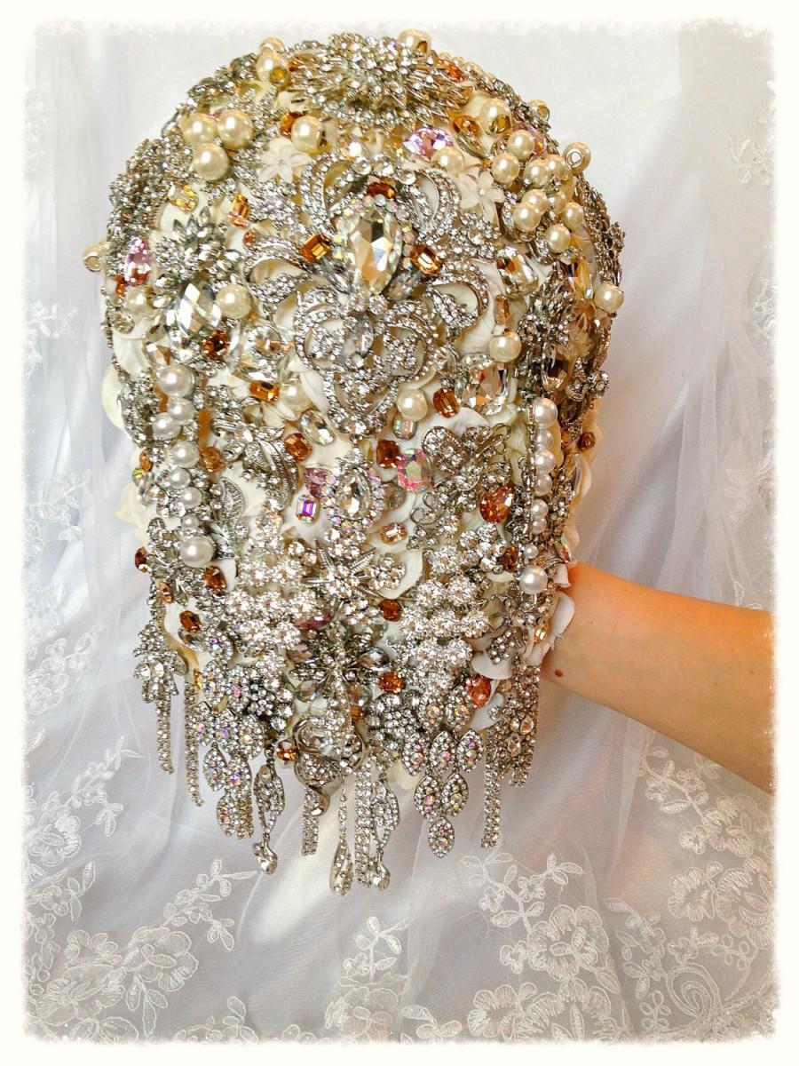 Mariage - Cascading Brooch Bouquet. Ivory White Peach Pink Pearl Teardrop Wedding Bling Diamond Broach Bouquet