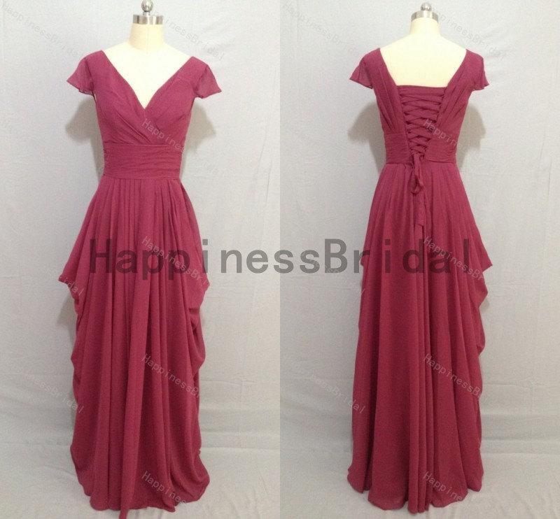 Mariage - Cap sleeves chiffon dress with pleat,fashion prom dresses,evening dresses,long bridesmaid dress,chiffon prom dress,formal evening dress 2014