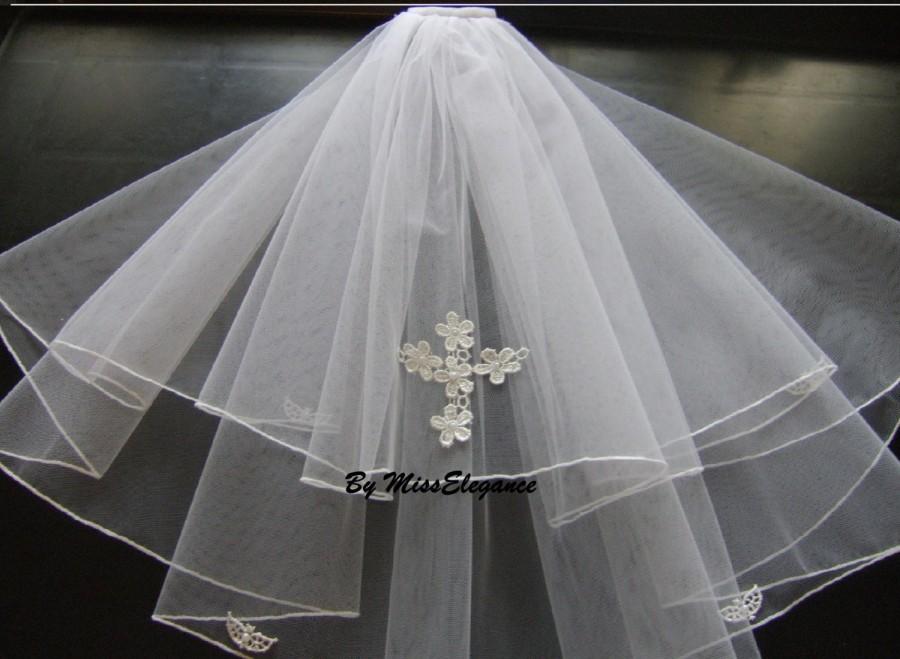 Wedding - Communion Veil 2 Tier w Cross motif Pencil or Ribbon EDGE 1st tier 20" 2nd tier 25" White or Ivory First Holy communion Veil detachable comb