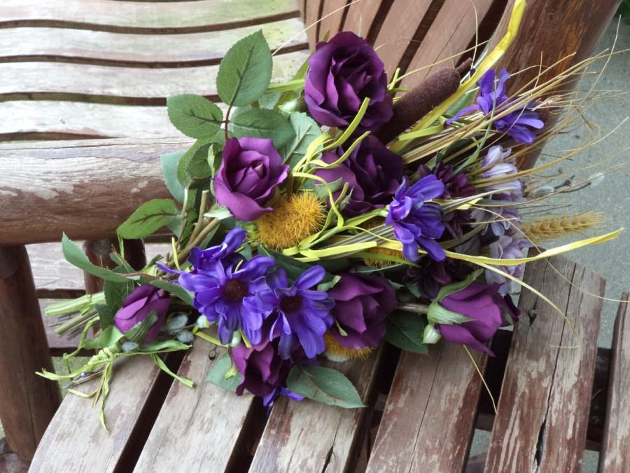 Wedding - Rustic Wedding Bouquets / Fall Wedding / Country Wedding / Silk Bridal Bouquet / Purple Rustic Wedding Flowers / Silk Wedding Flowers / 4 pc