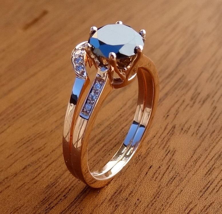 زفاف - Thin Antique Style  Black & White Diamond  Engagement Ring 14k Rose Gold