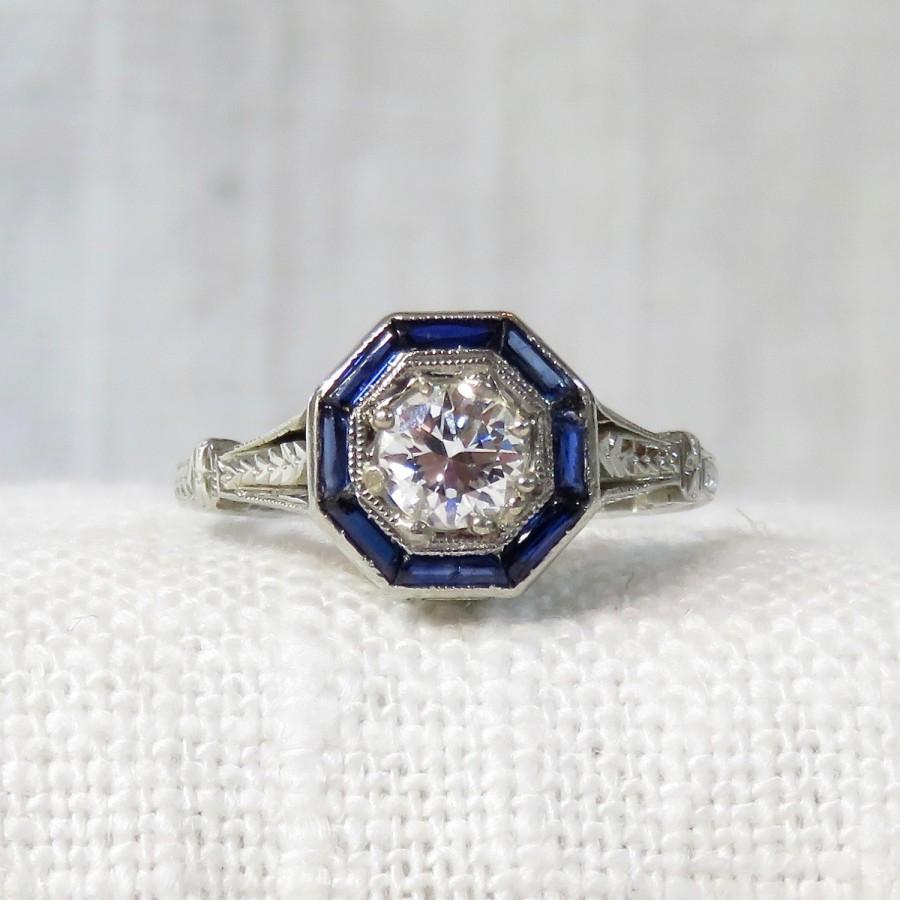 زفاف - Art Deco 18k Gold Diamond Engagement Ring with Sapphire Halo 1.14 Carats