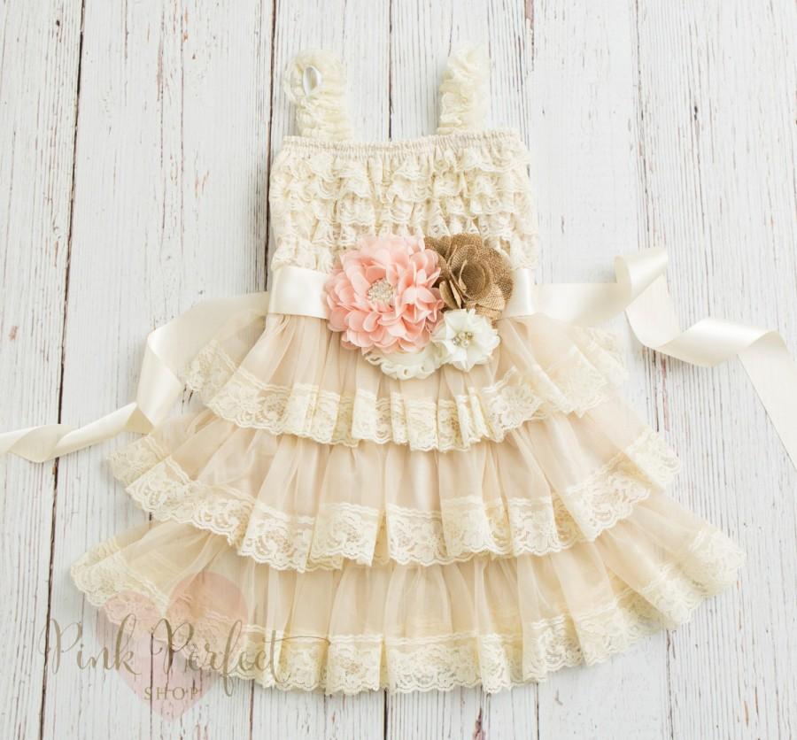 Mariage - Blush Ivory Flower Girl Dress - Country Flower Girl Dress - Lace Flower Girl Dress - Shabby Chic Flower Girl - Rustic Flower Girl Dress