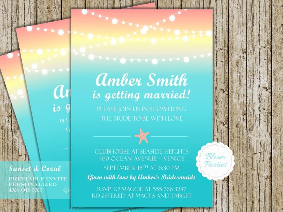 Свадьба - Beach Theme Wedding Shower Invitation Starfish Sunset Coral and Aqua Bridal Shower Invite Printable Digital