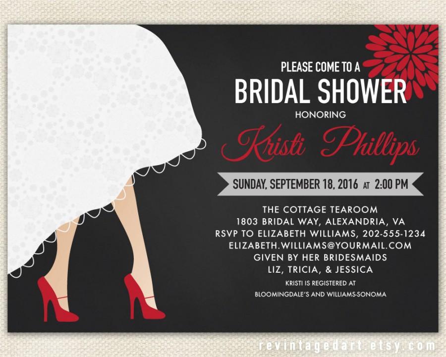 Wedding - Bridal Shower Invitation with Wedding Dress Hem & High Heel Shoes in Red and Black, Pink, Yellow or Custom Color  // DIY Digital PRINTABLES