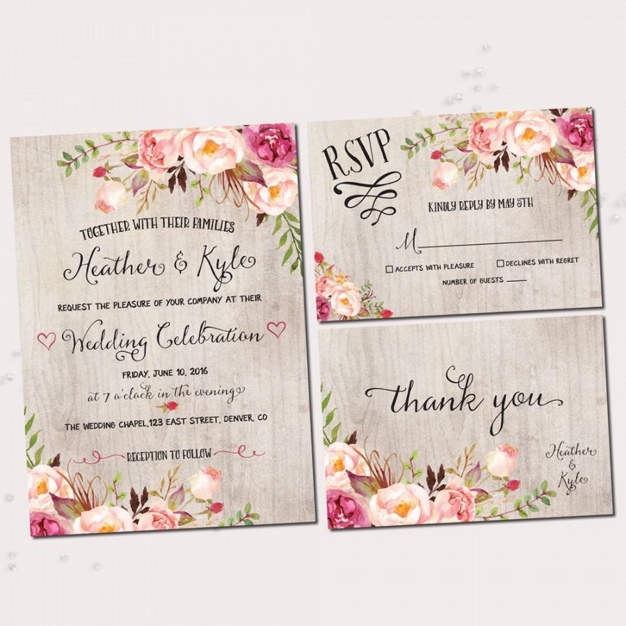 Rustic Floral Wedding Invitation Set Printable Boho Wedding Invitation