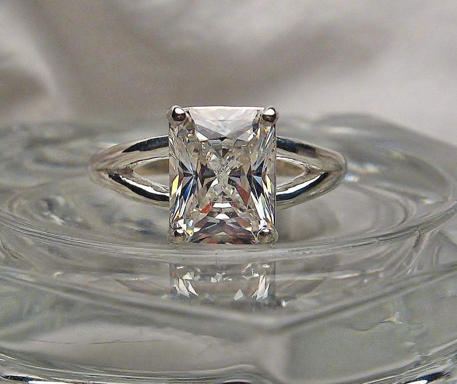 Hochzeit - Radiant 9x7mm H or I Color Cubic Zirconia Sterling Silver Split Shank Ring Size 7