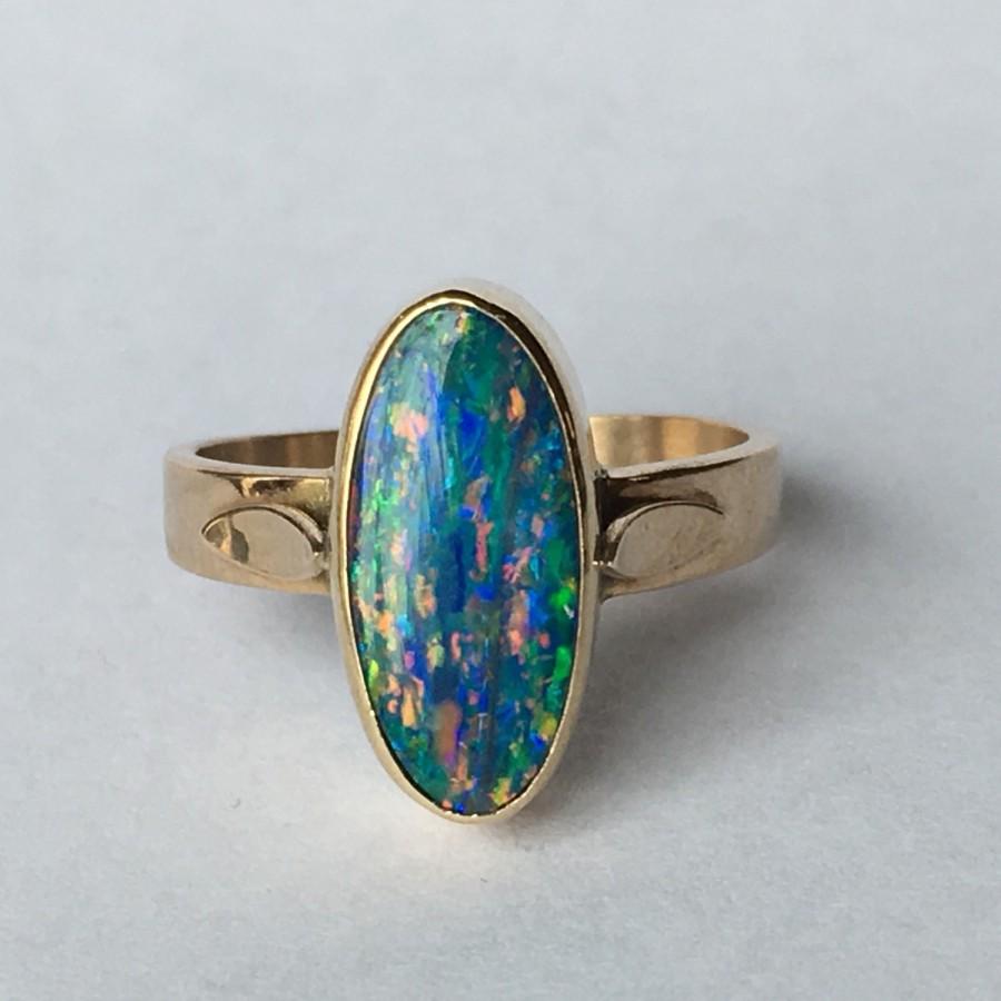 Wedding - Vintage Opal Ring. Oval Black Opal in 9K Yellow Gold. Unique Engagement Ring. Estate Jewelry. October Birthstone. 14th Anniversary Gift.
