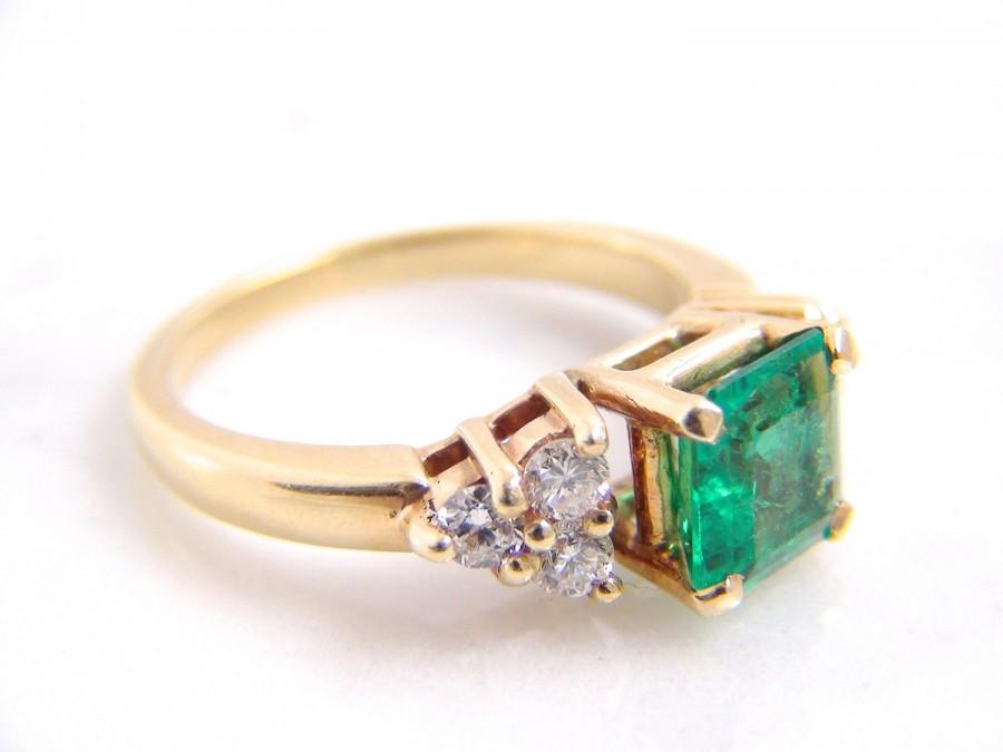 Hochzeit - Vintage Colombian Emerald Diamond Engagement Ring 14K Yellow Gold Ring Size 6.5