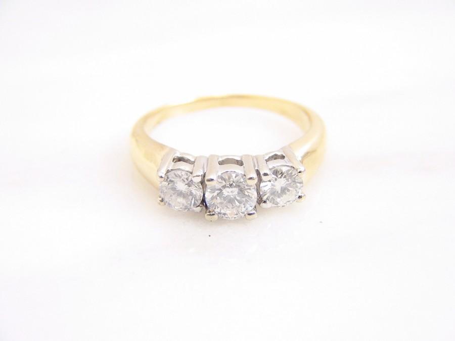 Hochzeit - Vintage 14k Yellow And White Gold 3 Stone Diamond Engagement Ring/ Estate Past Present Future Size 5.25