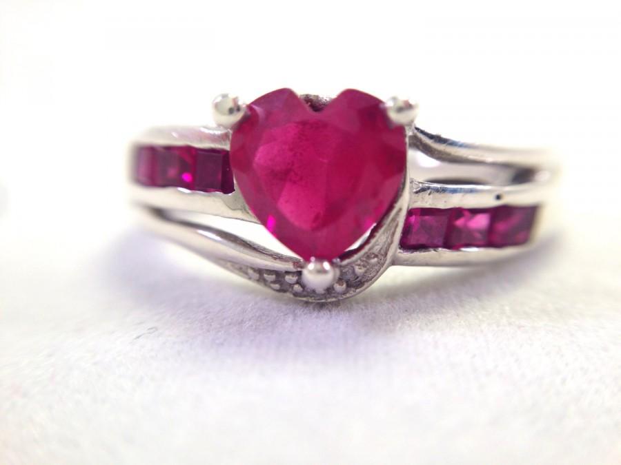 Wedding - Vintage Engagement Ring -- Vintage Heart Ring -- Genuine Ruby and Diamond -- Birthstone Ring Sterling Silver -- size 6.75