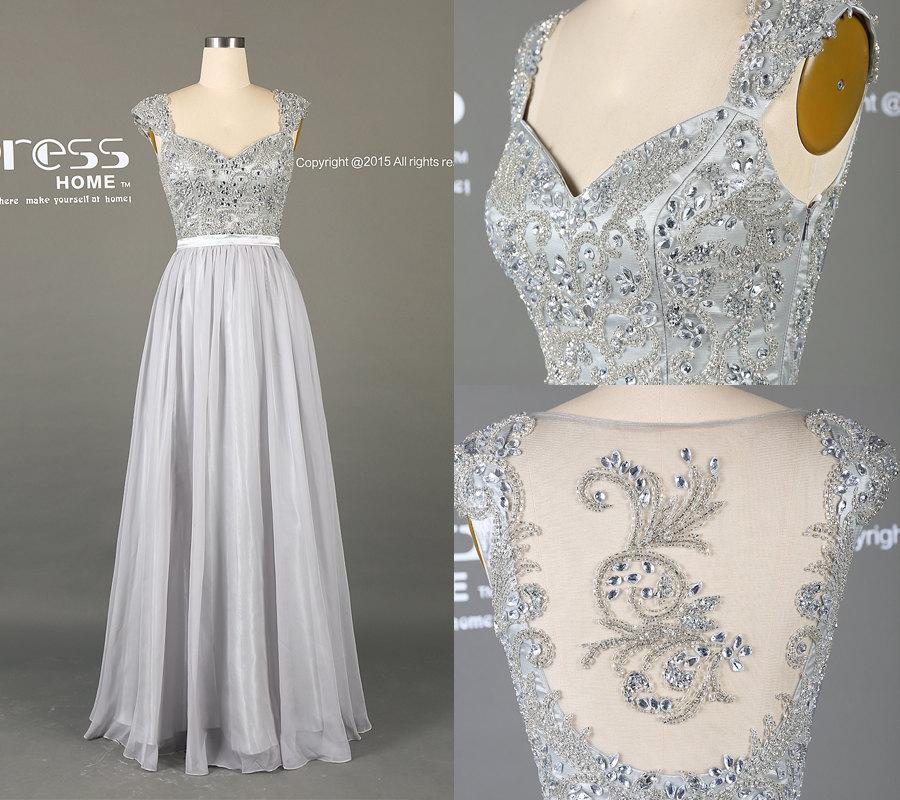 Hochzeit - 2016 Silver Grey Long Lace Prom Dress/A Line Chiffon Prom Dress/Silver Beading Prom Dresses/Grey Wedding Party Dress/Reception Dress DH195