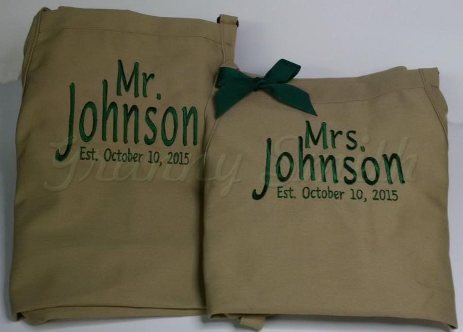 Wedding - Matching set of Embroidered Mr & Mrs Aprons. Many colors + fonts. 24"L x 28"W professional 3 pocket full bib. His can be longer!!!